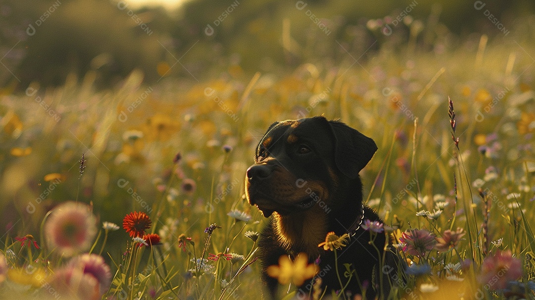 Cachorro da raça Rottweiler sobre campo