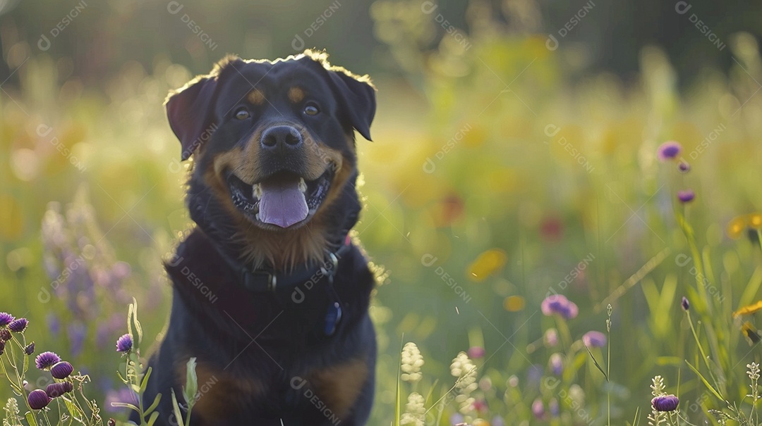 Cachorro da raça Rottweiler sobre campo