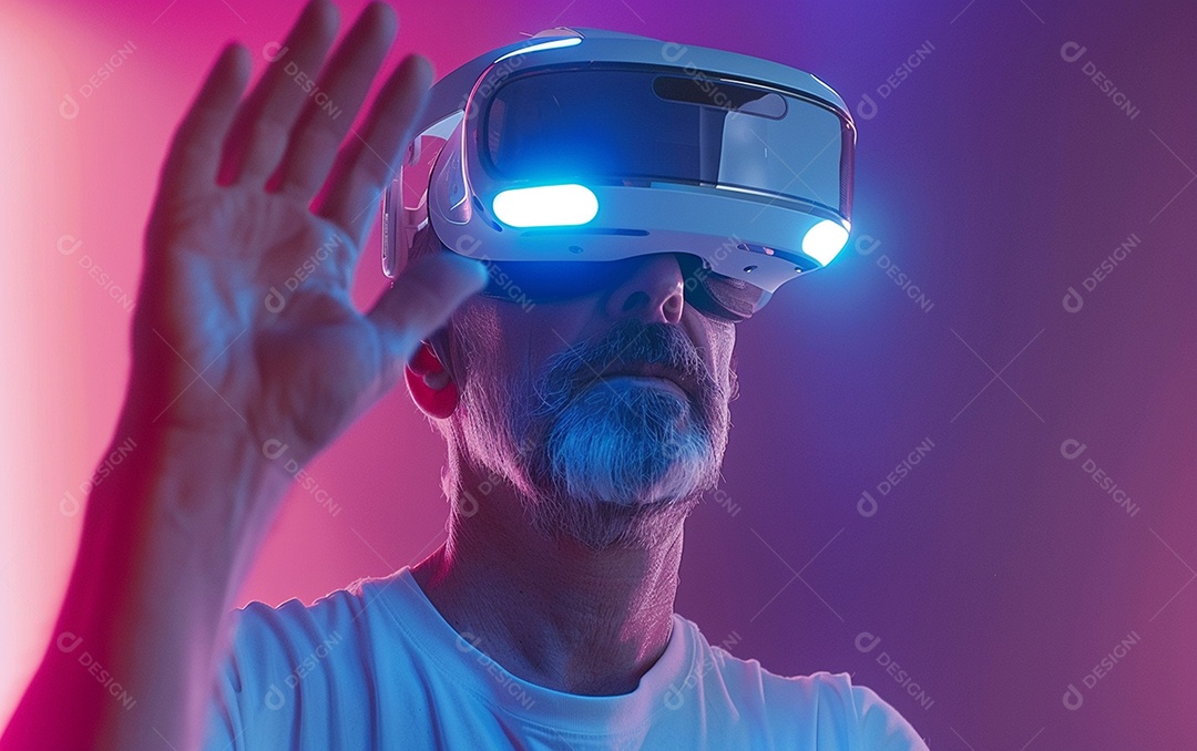 Homem americano com óculos VR jogando videogame com fundo sólido