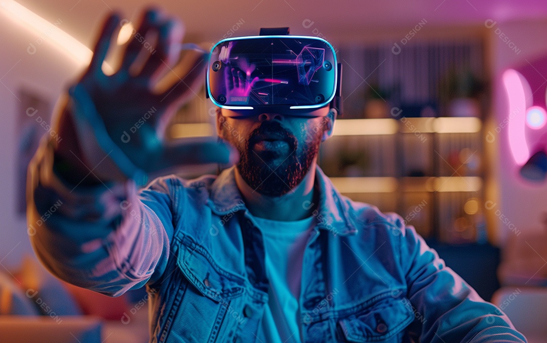 Homem americano com óculos VR jogando videogame com fundo sólido