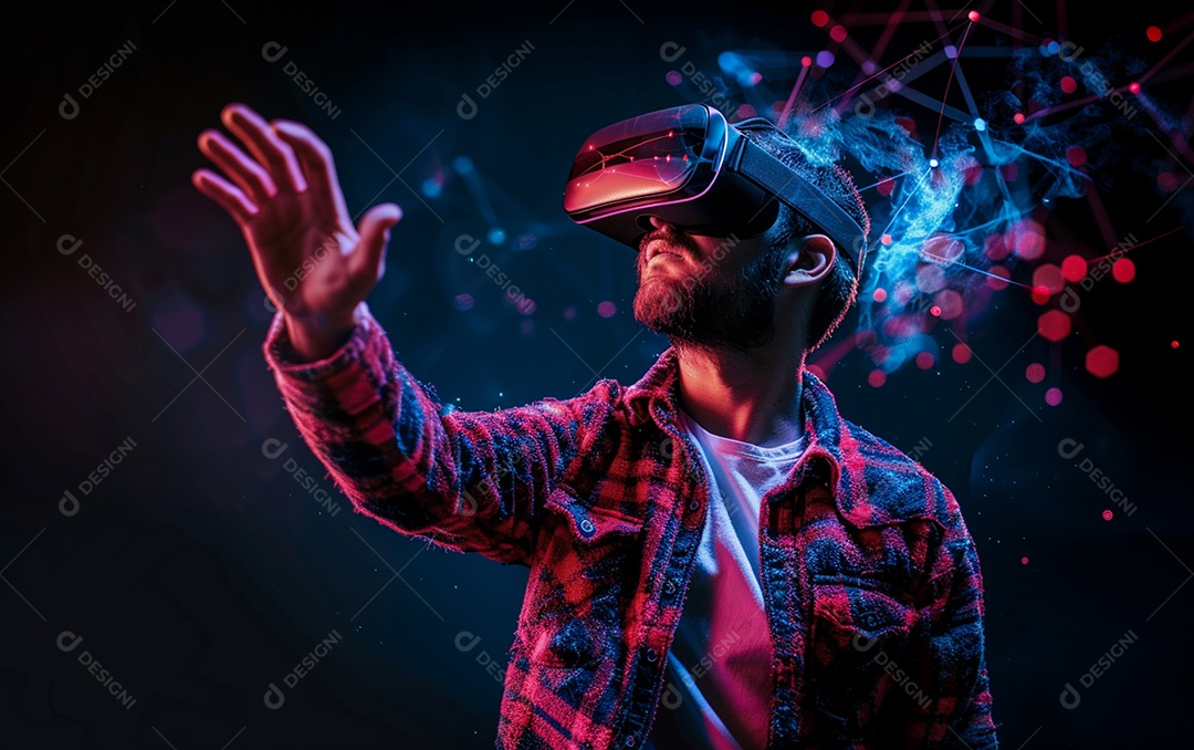 Homem americano com óculos VR jogando videogame com fundo sólido