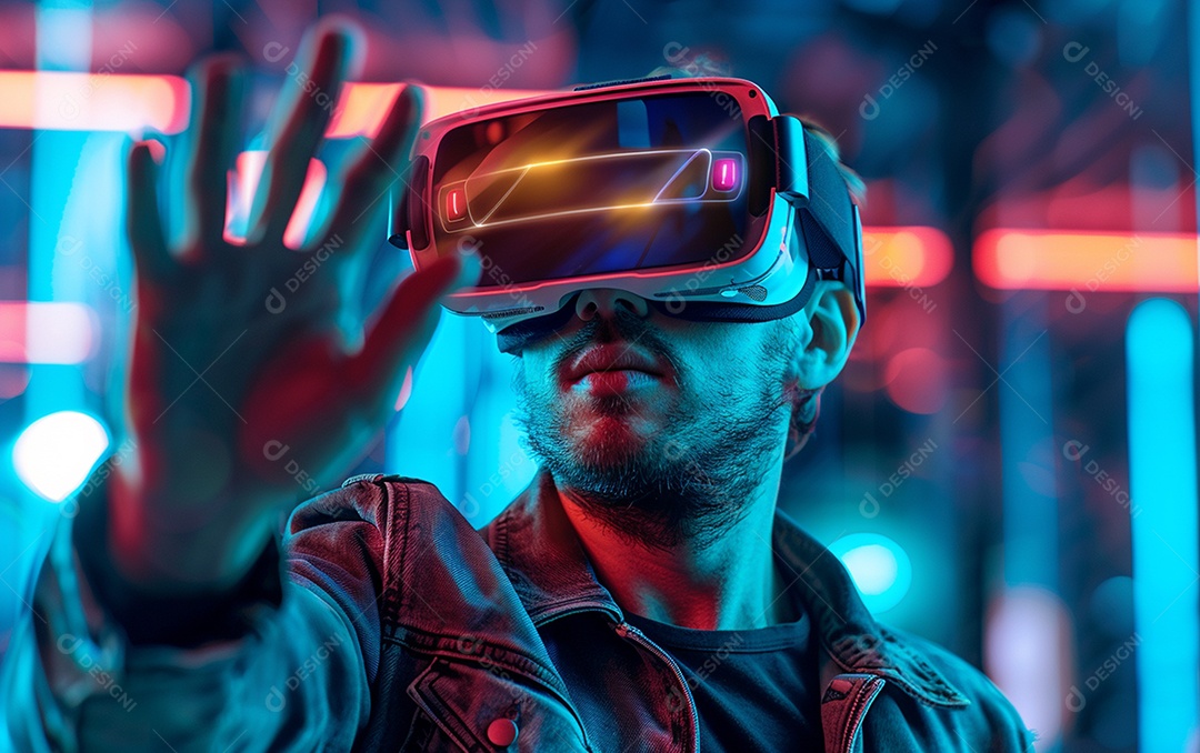 Homem americano com óculos VR jogando videogame com fundo sólido