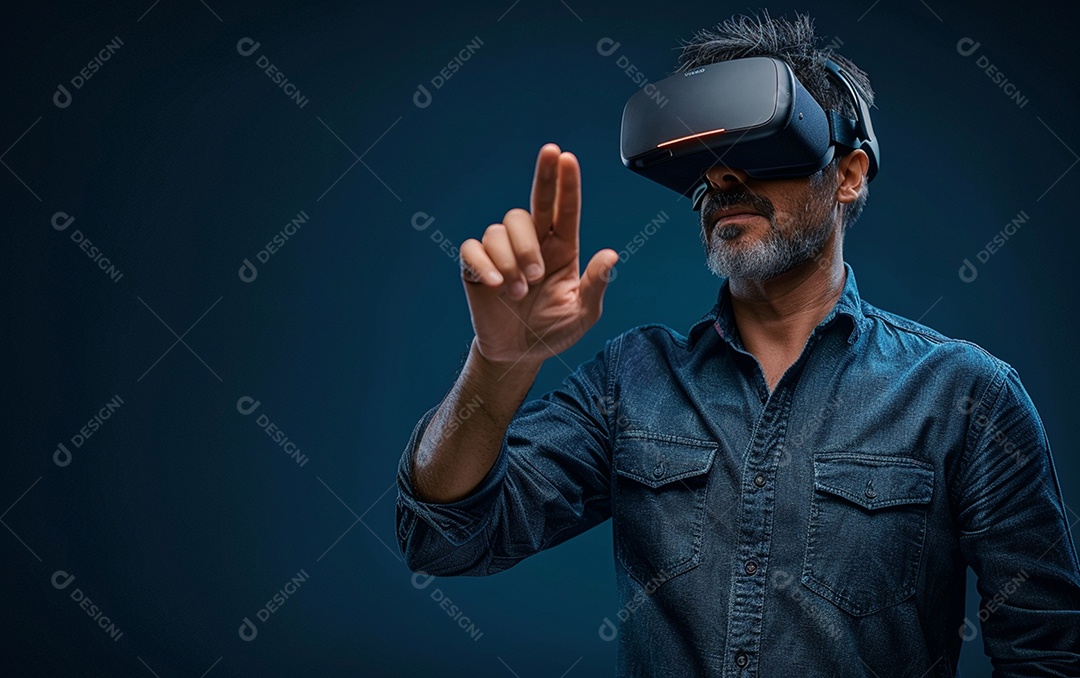 Homem americano com óculos VR jogando videogame com fundo sólido
