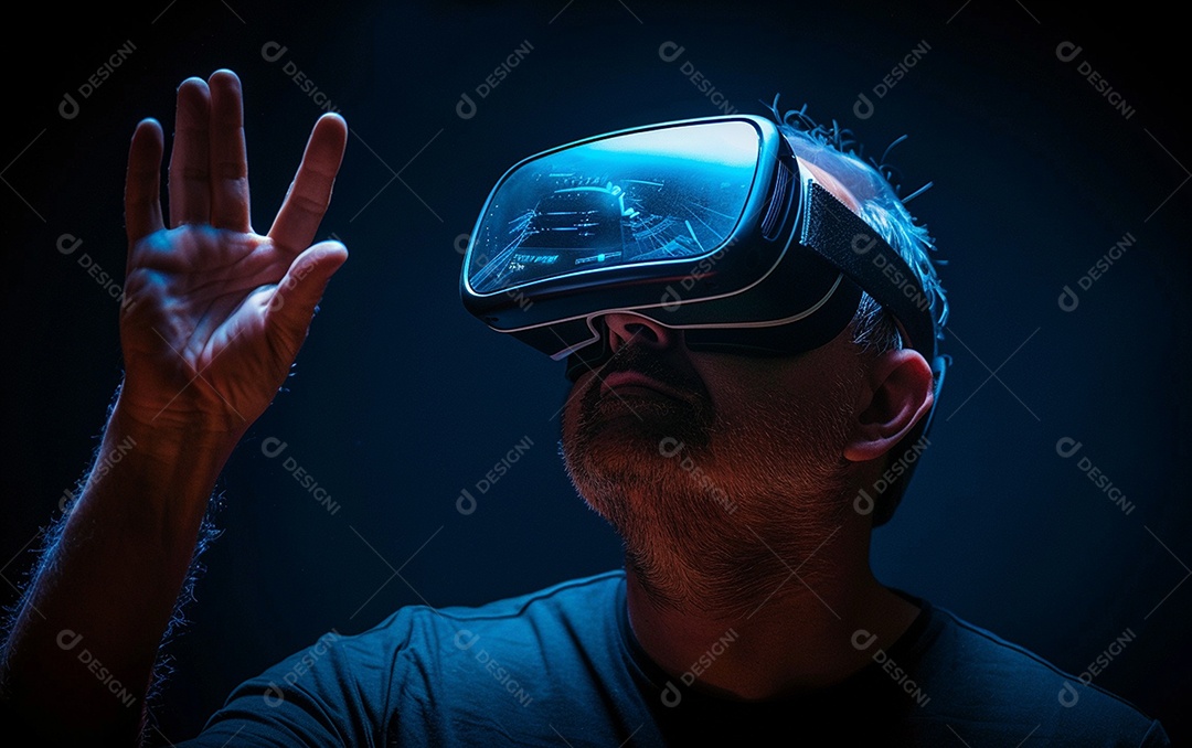 Homem americano com óculos VR jogando videogame com fundo sólido