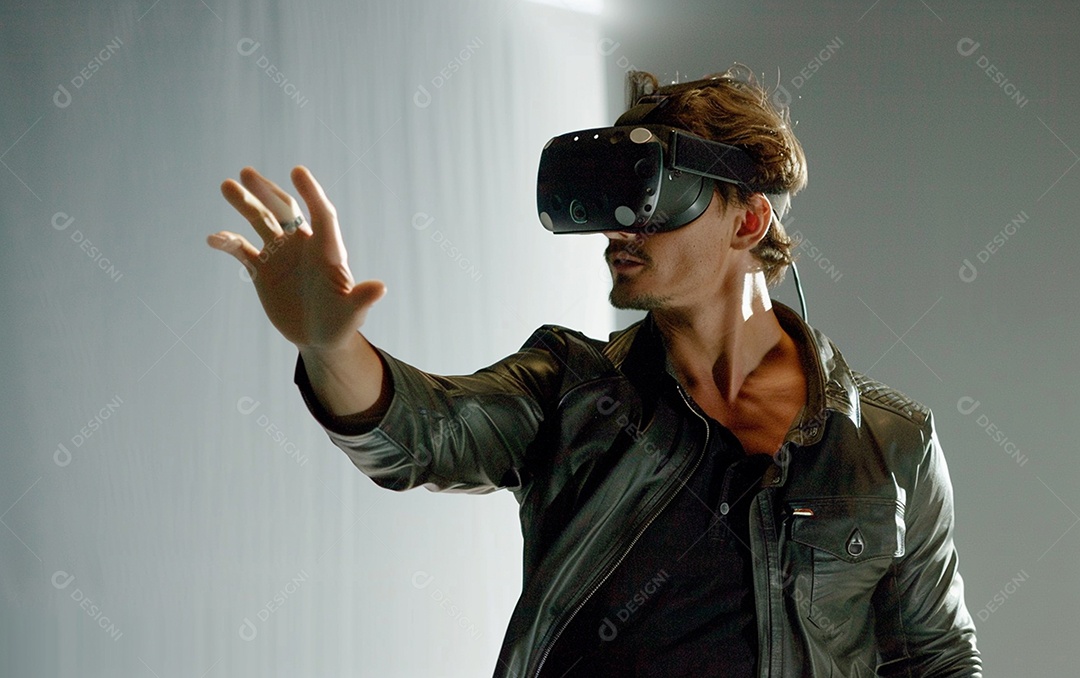 Homem americano com óculos VR jogando videogame com fundo sólido