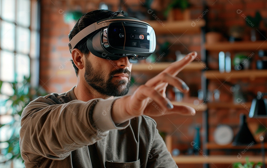 Homem americano com óculos VR jogando videogame com fundo sólido