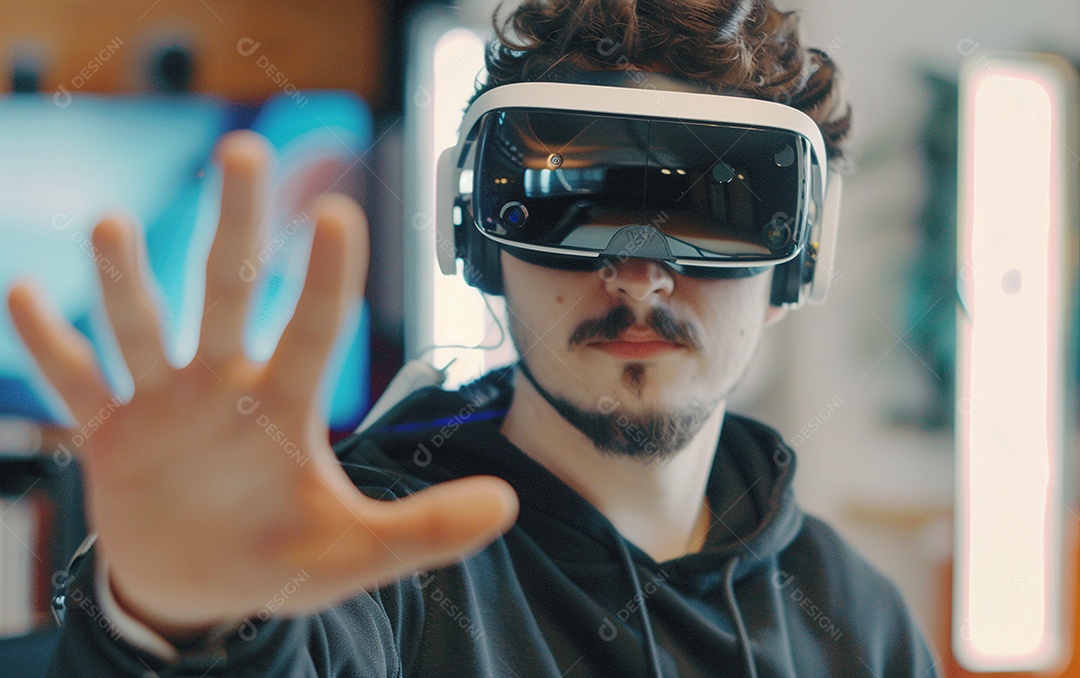 Homem americano com óculos VR jogando videogame com fundo sólido