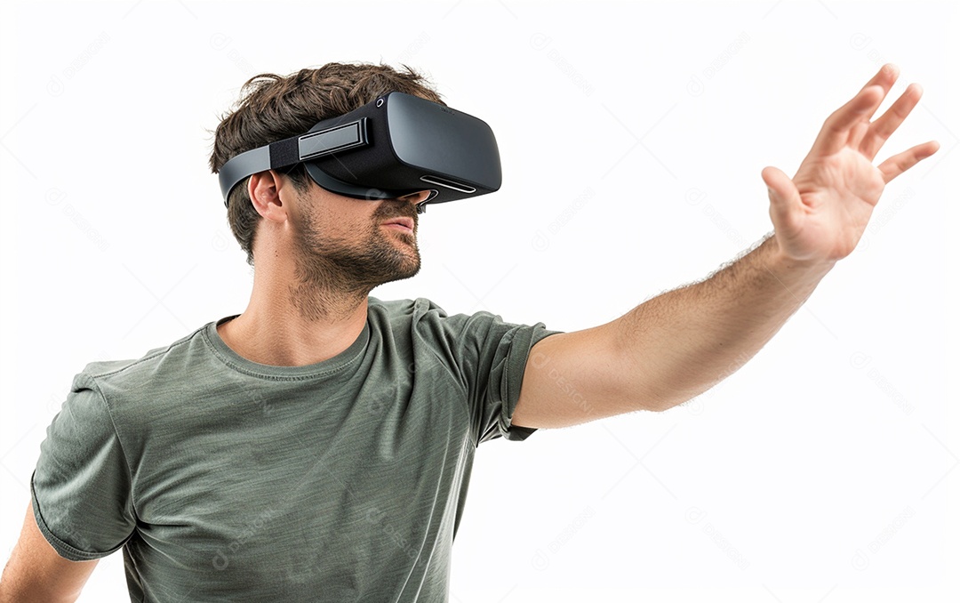 Homem americano com óculos VR jogando videogame com fundo sólido