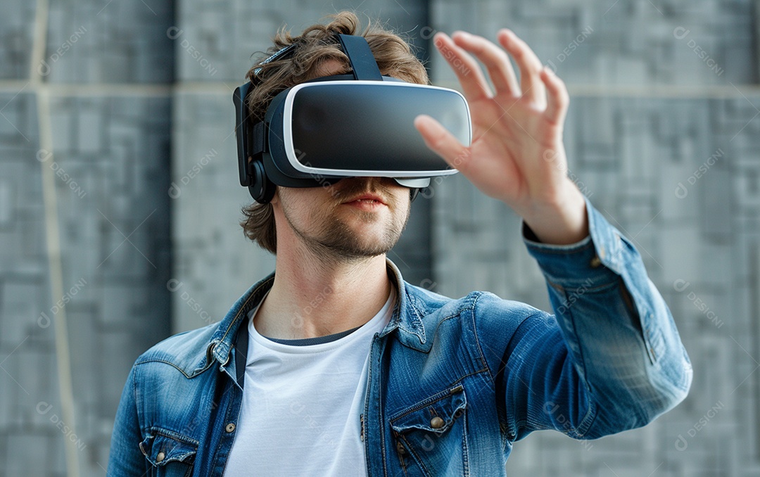 Homem americano com óculos VR jogando videogame com fundo sólido