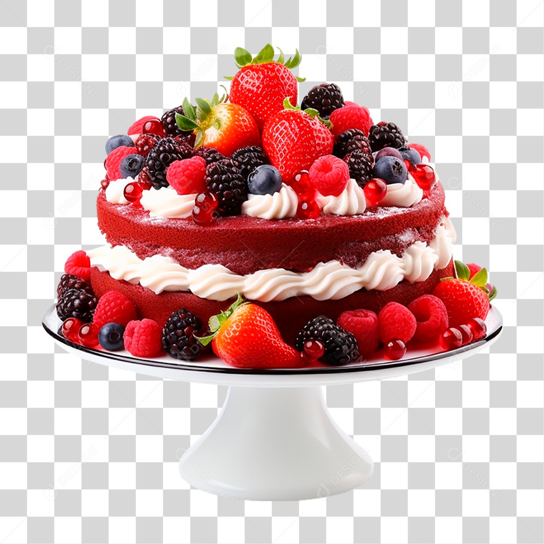 Bolo Veludo Vermelho com Frutas PNG Transparente