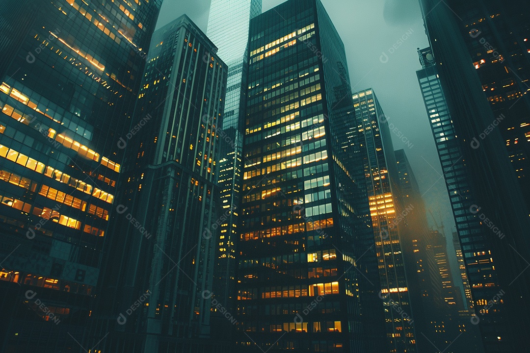 Imagem tonificada de prédios de escritórios modernos e sucata do céu