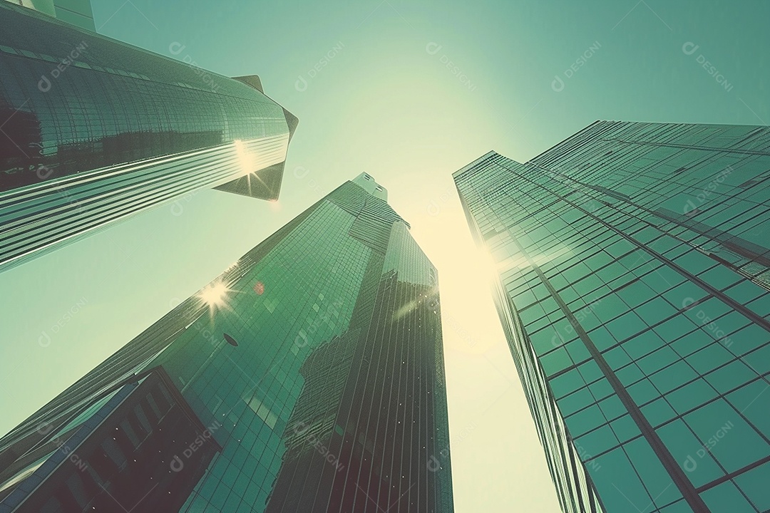 Imagem tonificada de prédios de escritórios modernos e sucata do céu