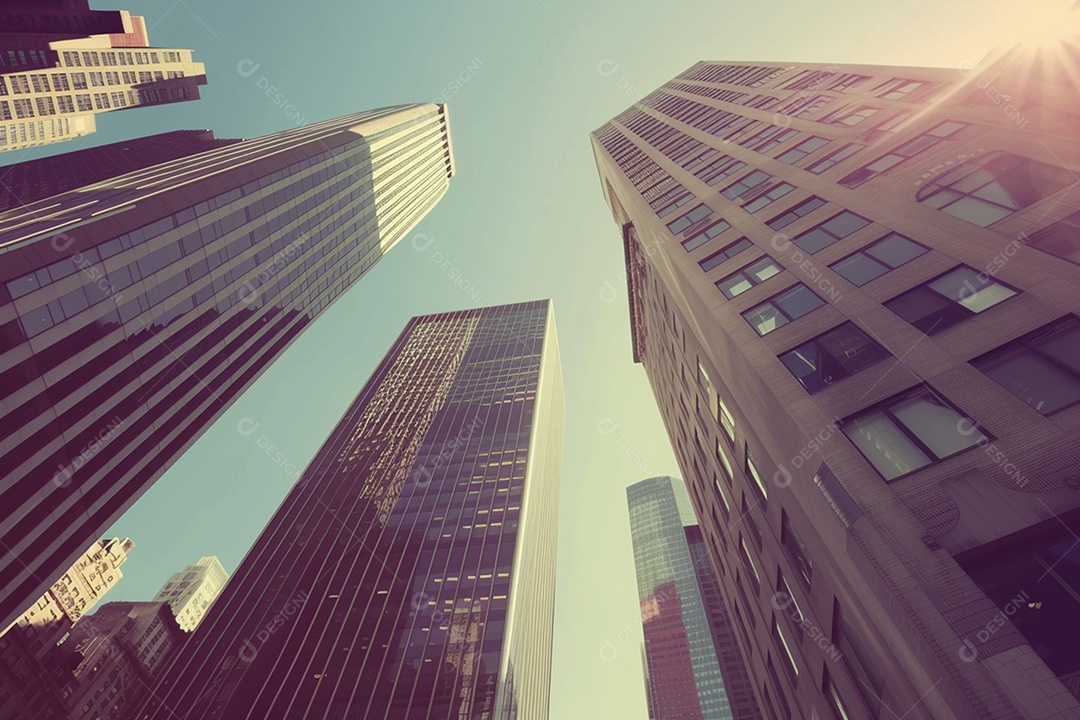 Imagem tonificada de prédios de escritórios modernos e sucata do céu