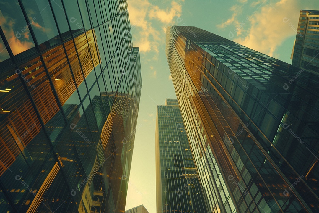 Imagem tonificada de prédios de escritórios modernos e sucata do céu