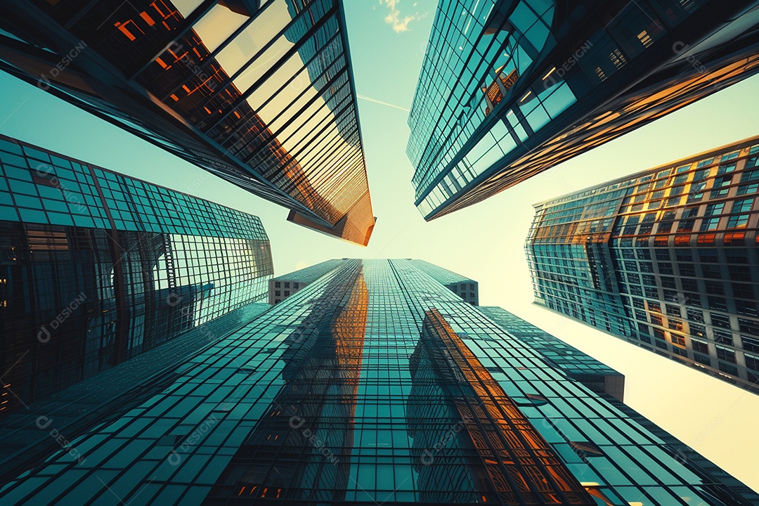 Imagem tonificada de prédios de escritórios modernos e sucata do céu