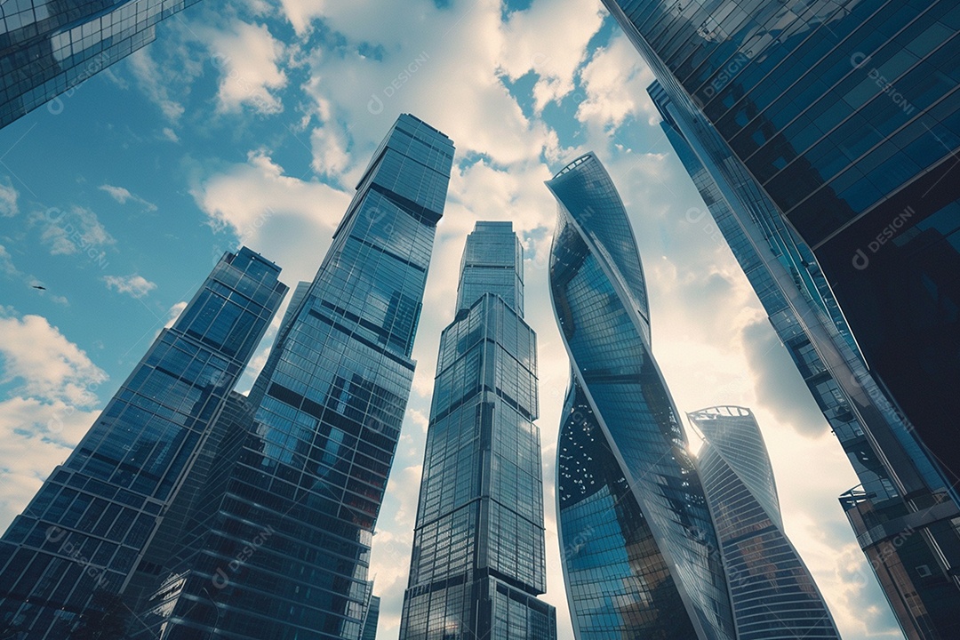 Imagem tonificada de prédios de escritórios modernos e sucata do céu