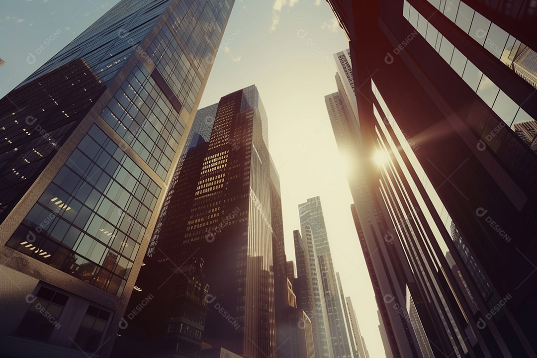 Imagem tonificada de prédios de escritórios modernos e sucata do céu