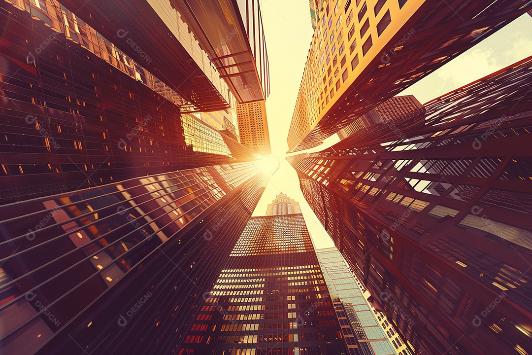 Imagem tonificada de prédios de escritórios modernos e sucata do céu