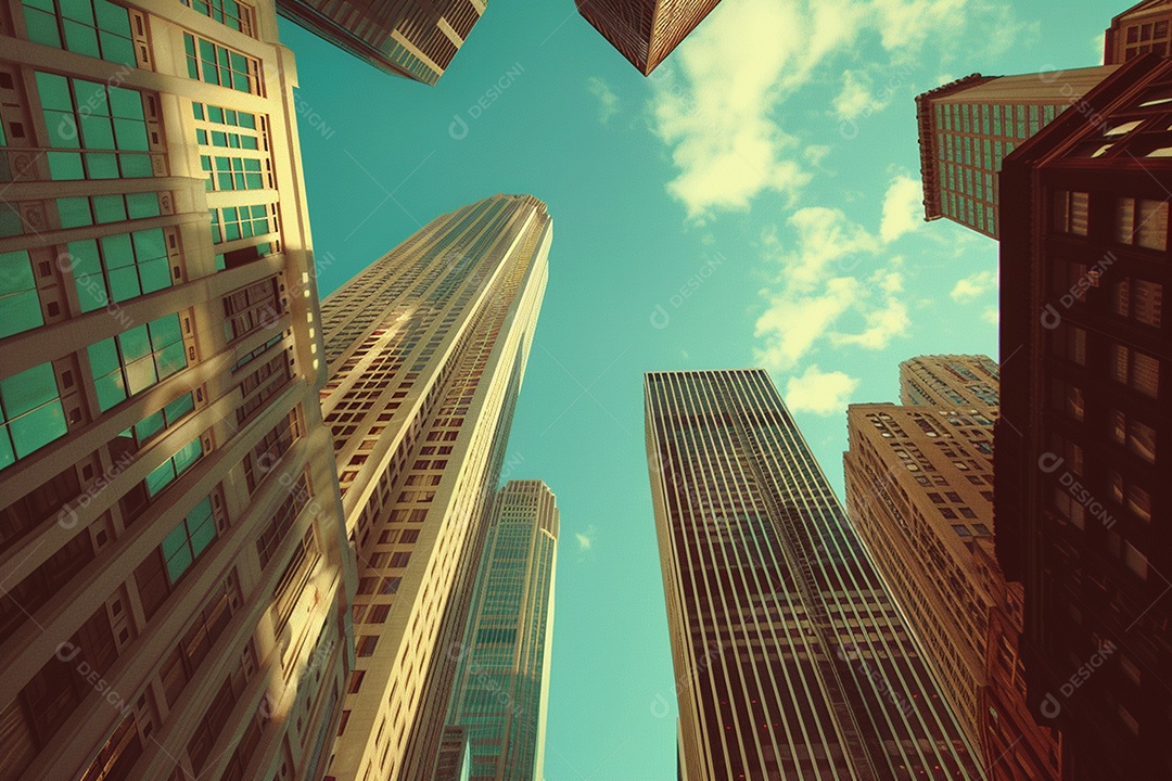 Imagem tonificada de prédios de escritórios modernos e sucata do céu