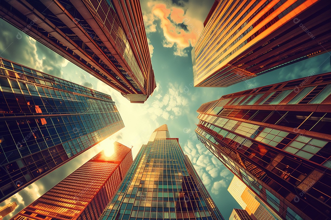 Imagem tonificada de prédios de escritórios modernos e sucata do céu