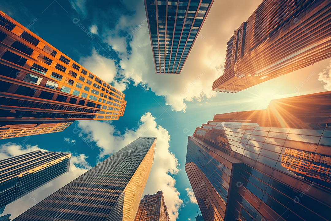 Imagem tonificada de prédios de escritórios modernos e sucata do céu