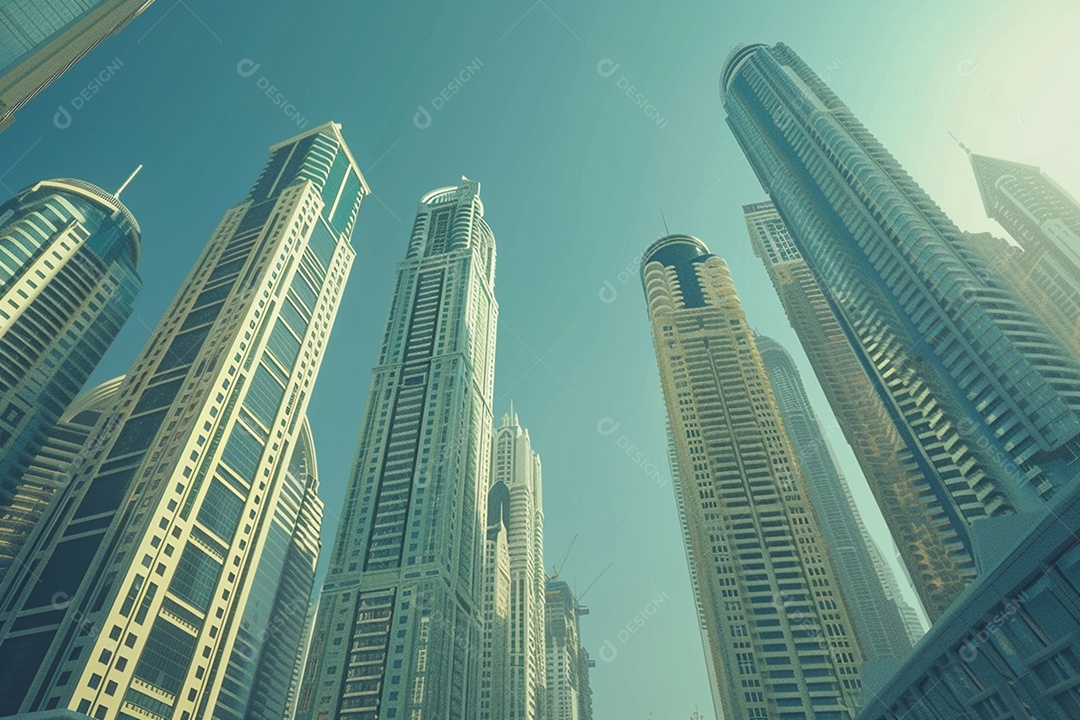 Imagem tonificada de prédios de escritórios modernos e sucata do céu