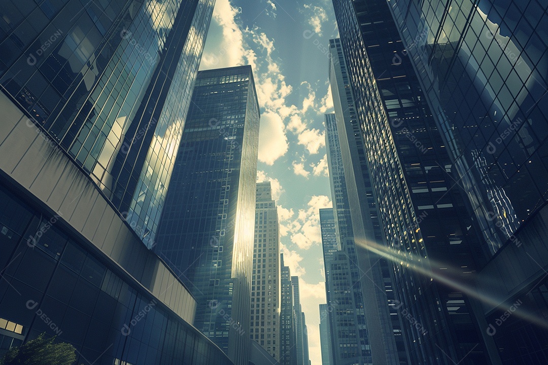 Imagem tonificada de prédios de escritórios modernos e sucata do céu