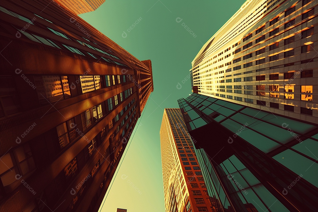 Imagem tonificada de prédios de escritórios modernos e sucata do céu