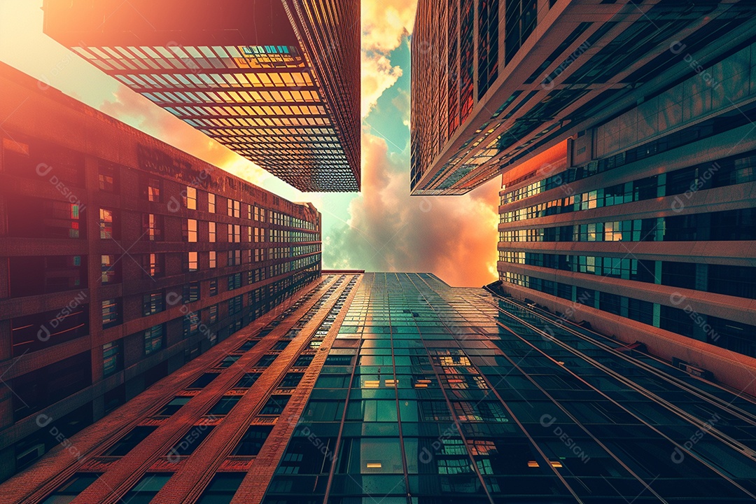 Imagem tonificada de prédios de escritórios modernos e sucata do céu