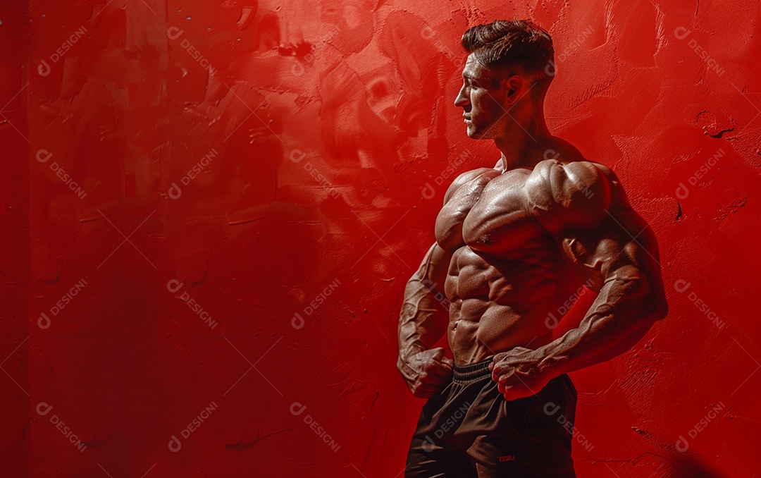 Homem fisiculturista sobre academia de fundo de cor sólida