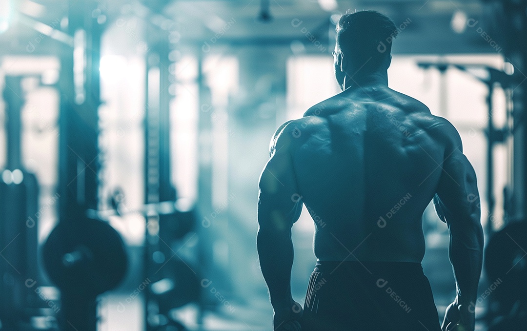 Homem fisiculturista na academia de fundo de cor sólida