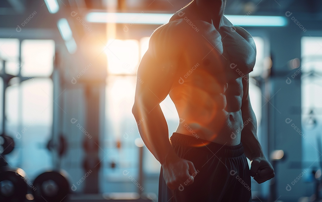 Homem fisiculturista na academia de fundo de cor sólida