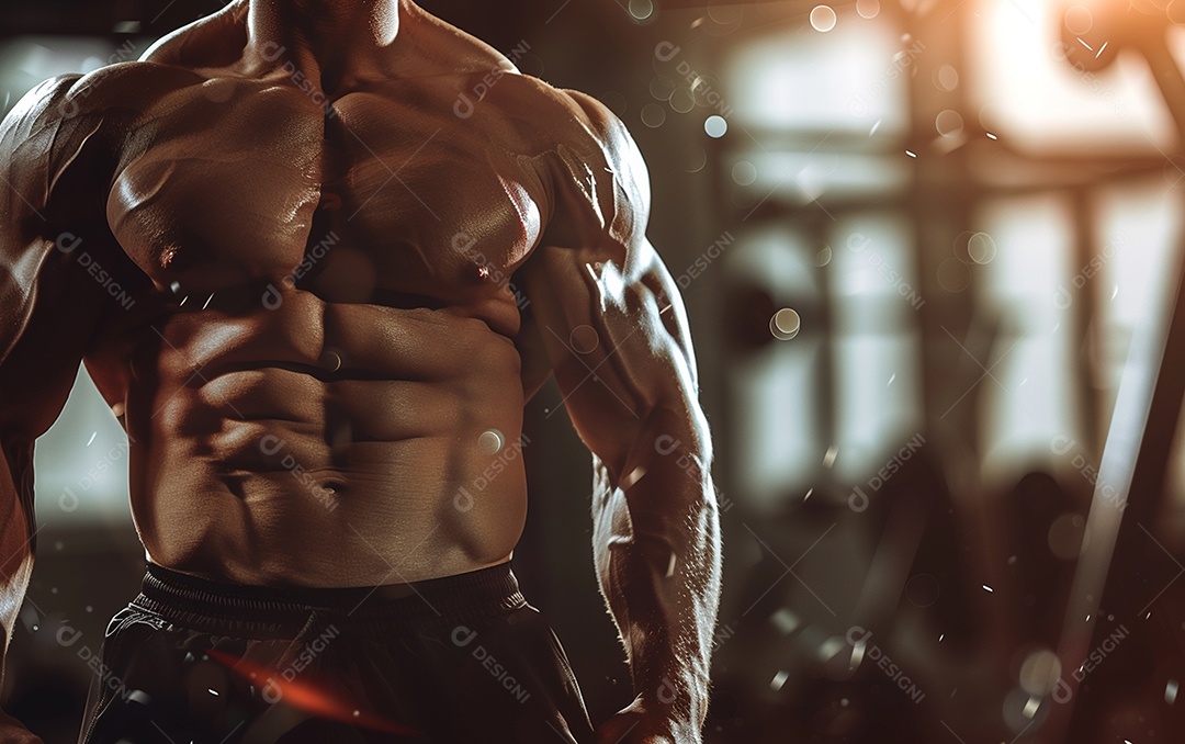 Homem fisiculturista na academia de fundo de cor sólida