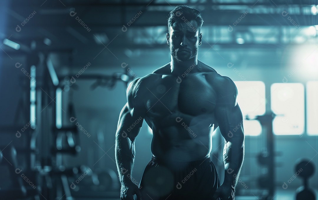 Homem fisiculturista na academia de fundo de cor sólida