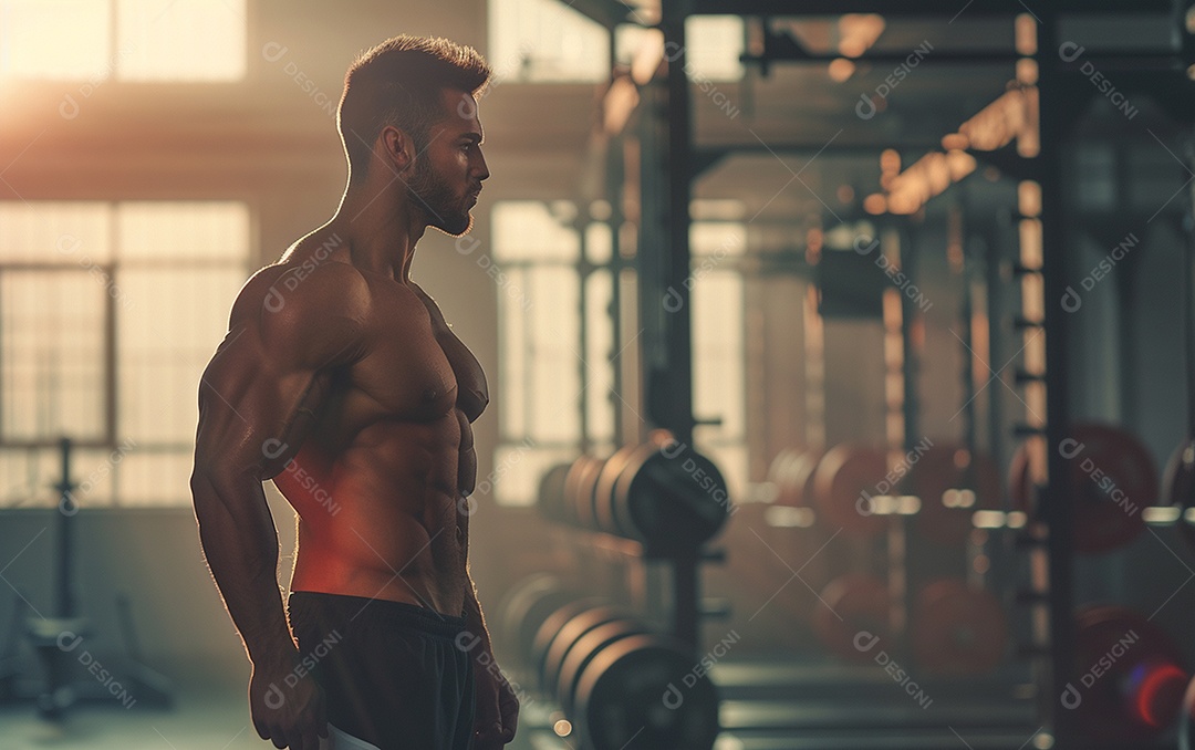 Homem fisiculturista na academia de fundo de cor sólida