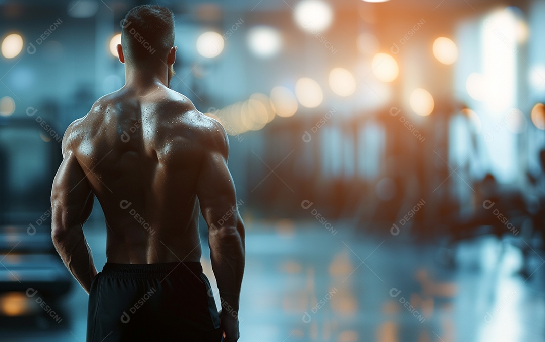 Homem fisiculturista na academia de fundo de cor sólida