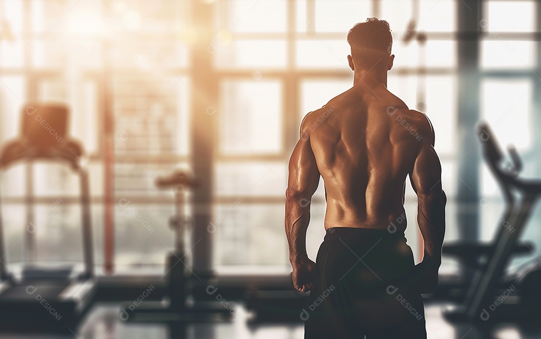 Homem fisiculturista na academia de fundo de cor sólida