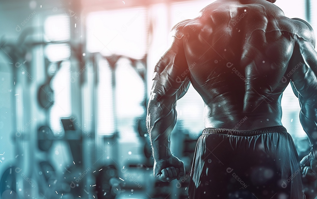 Homem fisiculturista na academia de fundo de cor sólida