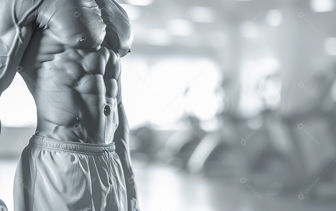 Homem fisiculturista na academia de fundo de cor sólida