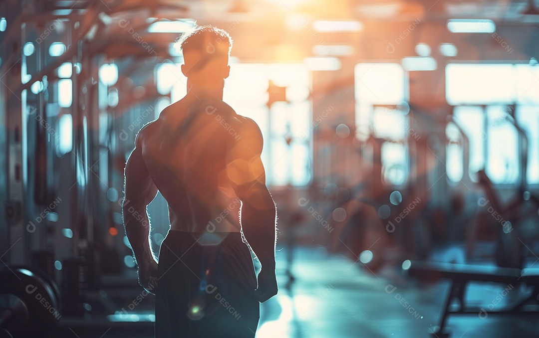 Homem fisiculturista na academia de fundo de cor sólida