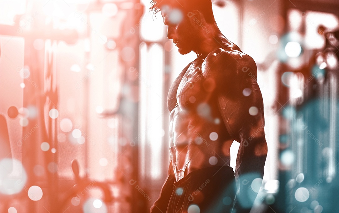 Homem fisiculturista na academia de fundo de cor sólida