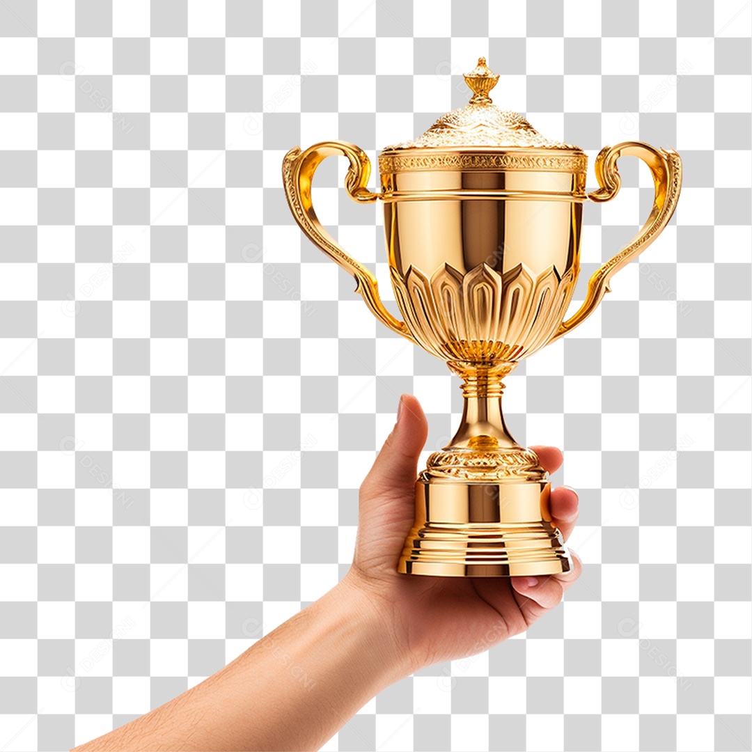 Mãos Segurando Troféu Dourado PNG Transparente