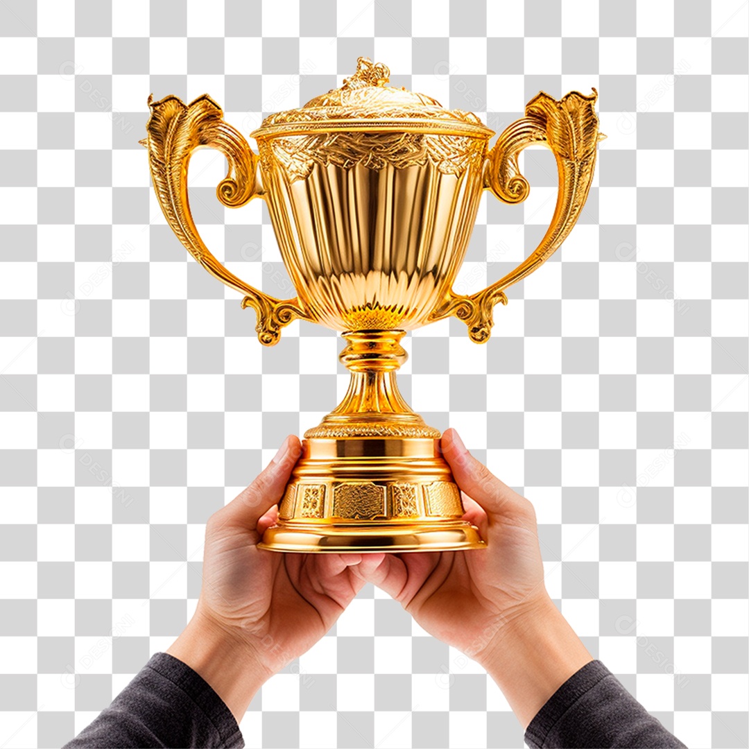 Mãos Segurando Troféu Dourado PNG Transparente