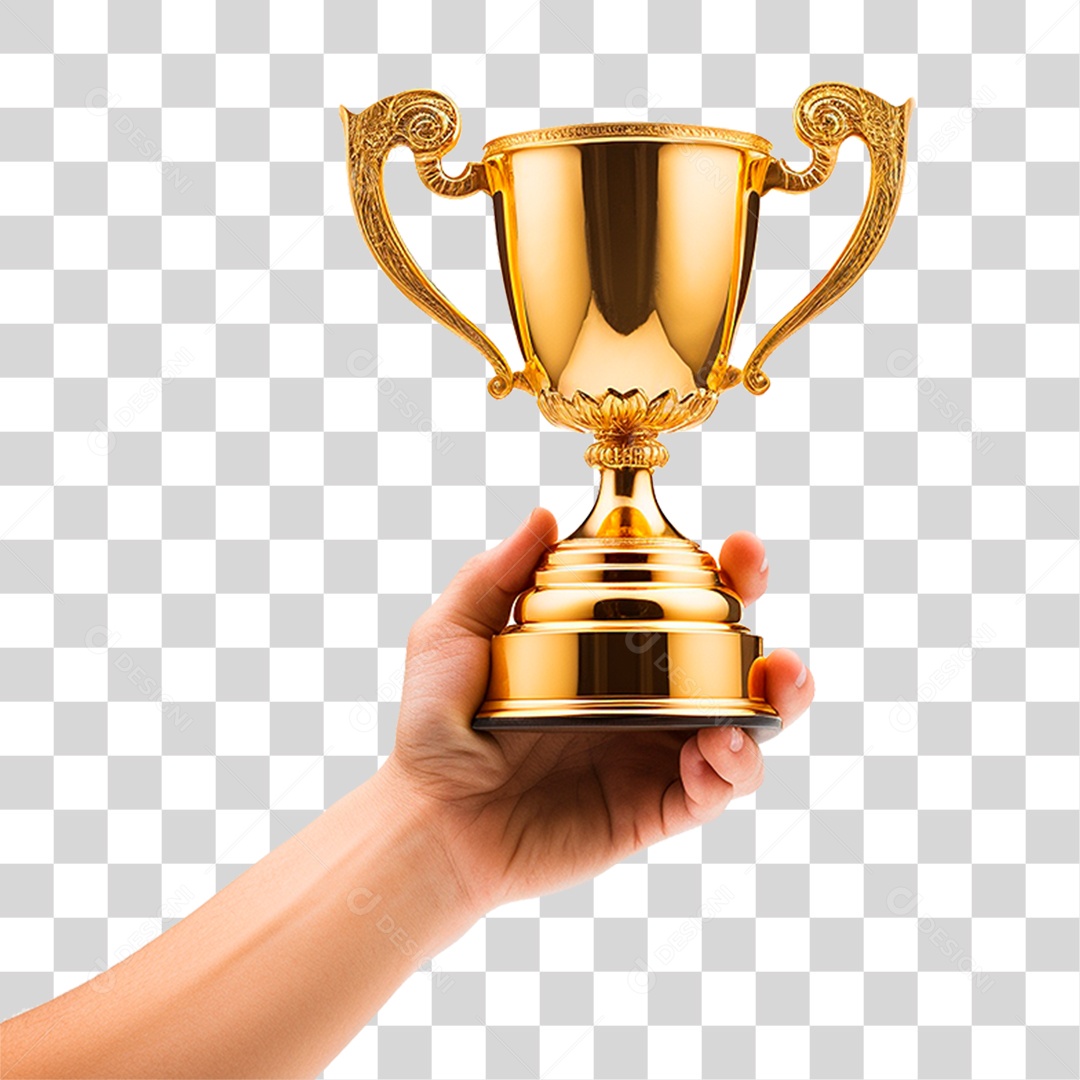 Mãos Segurando Troféu Dourado PNG Transparente