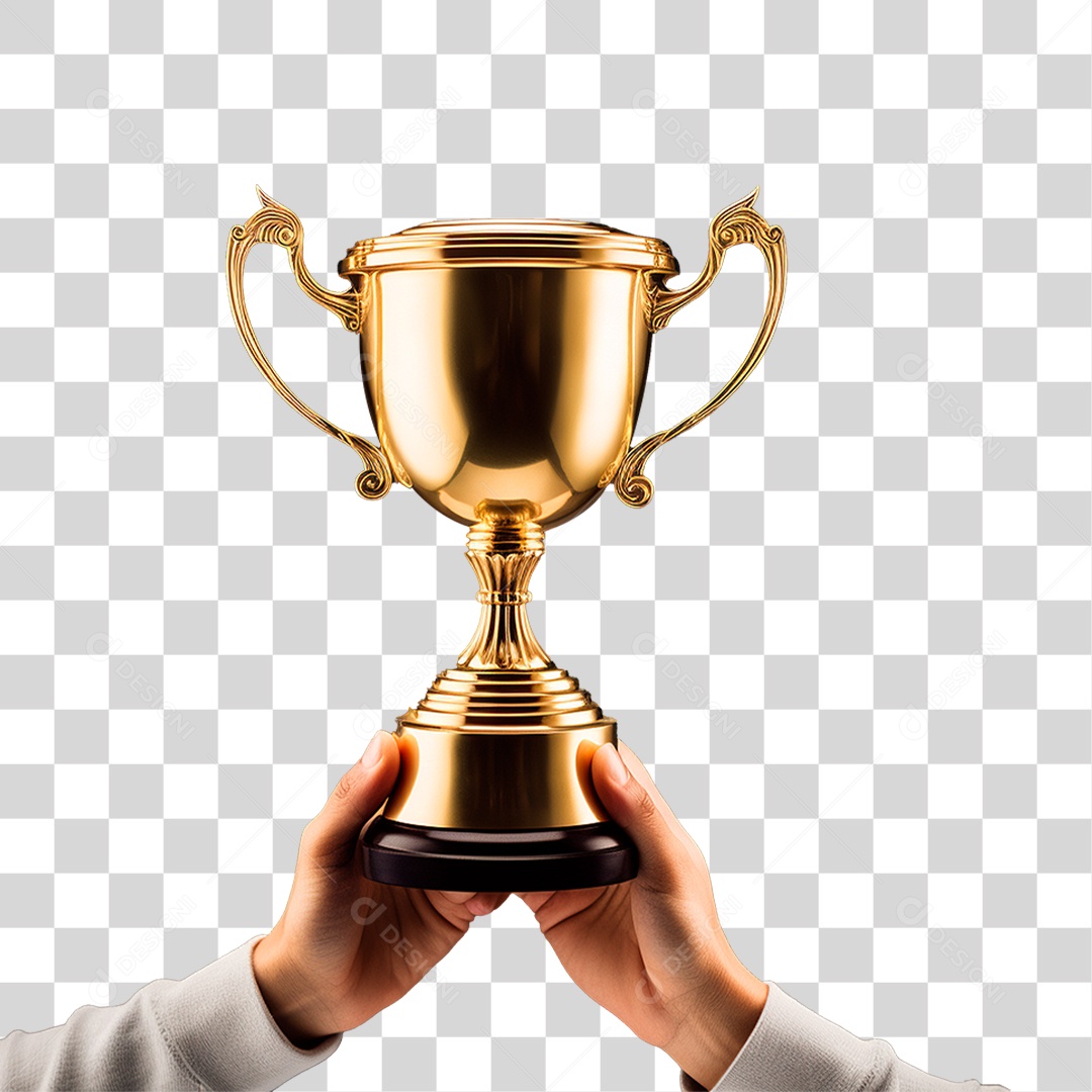 Mãos Segurando Troféu Dourado PNG Transparente