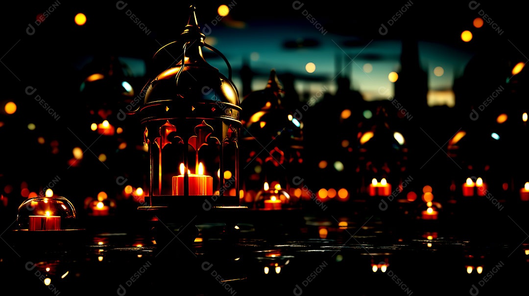 Fundos de Eid ul-fitr com relâmpagos e lanternas Ramadã abençoado e Eid ul-Adha