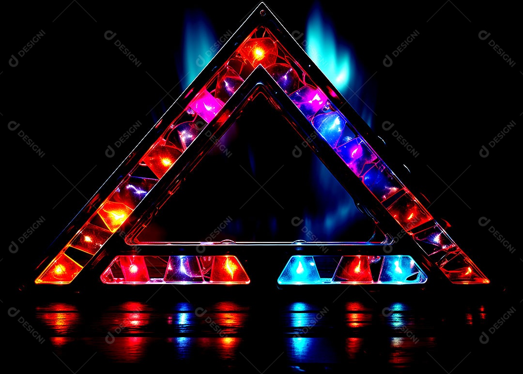 Borda de triângulos de luzes neon em fundo escuro luzes coloridas com visão tecnológica