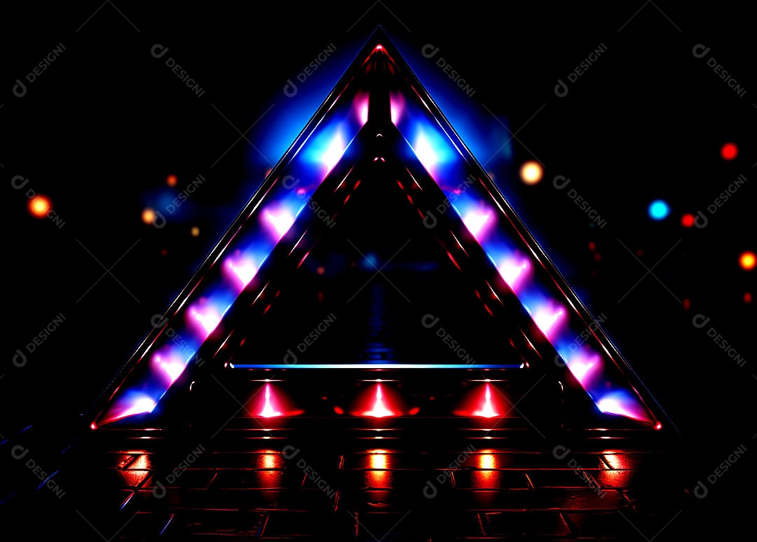 Borda de triângulos de luzes neon em fundo escuro luzes coloridas com visão tecnológica