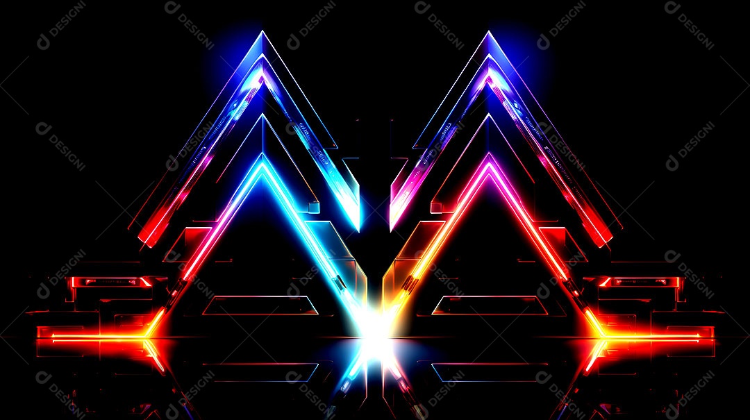 Borda de triângulos de luzes neon em fundo escuro luzes coloridas com visão tecnológica
