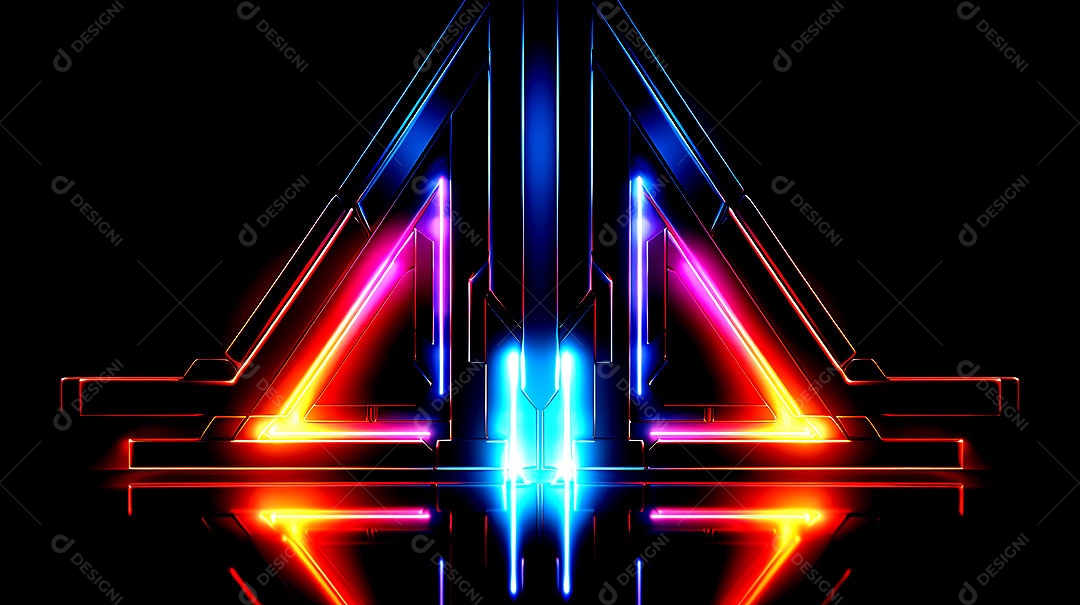 Borda de triângulos de luzes neon em fundo escuro luzes coloridas com visão tecnológica